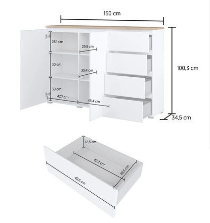 Komoda z szufladami Modo 150 cm biała / dąb mauvella w nowoczesnym wydaniu doskonała propozycja do salonu lub sypialni subtelnie frezowany uchwyt