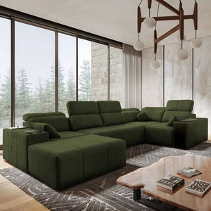 Narożnik z funkcją spania Tesalia IV zielony lewostronny komfortowy narożnik do salonu z innowacyjną funkcją przesuwanego oparcia
