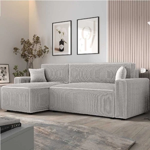 Narożnik z funkcją spania Brandon Bis kość słoniowa lewostronny trójwymiarowa tkanina o wyrazistych prążkach pojemnik na pościel