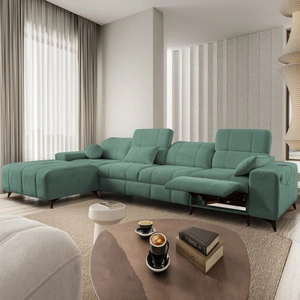 Narożnik z funkcją spania Penejos XII Lux zielony lewostronny stylowy narożnik rozkładany z komfortowym wysuwanym podnóżkiem