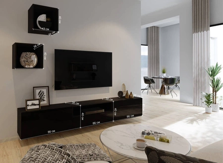 Meblościanka Mistra biała / biały połysk uniwersalna i stylowa meblościanka do salonu minimalistyczny design w nowoczesnej aranżacji