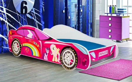 Łóżko Car Pink 80x160 cm designerskie łóżko z materacem w kształcie samochodu z ozdobnym nadrukiem wykonane z solidnych materiałów