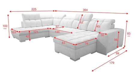 Narożnik z funkcją spania Luigi VI grafitowy prawostronny stylowy narożnik rozkładany z pojemnikami na pościel pokryty miękką tkaniną