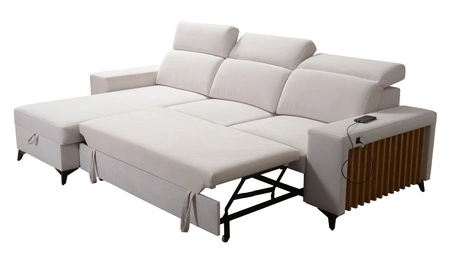 Narożnik z funkcją spania Kelly kość słoniowa lewostronny velvet komfort i funkcjonalność bok narożnika wykończony lamelami