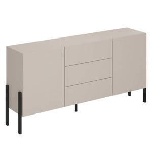 Komoda z szufladami Jukon 184 cm beżowa elegancka forma mebla w nowoczesnym stylu system otwierania push to open metalowe czarne nogi