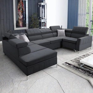 Narożnik z funkcją spania Rava V grafitowy lewostronny komfortowy narożnik z pojemnikami na pościel oraz wielofunkcyjną lampką