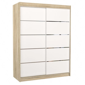 Szafa przesuwna Luft 150 cm dąb sonoma jasny / biały praktyczna szafa do sypialni fronty wykończone poziomymi srebrnymi listwami