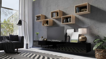 Meblościanka Apulia XXXII czarny połysk / dąb artisan wyjątkowo stylowa meblościanka proste bryły wpisujące się w każde wnętrze