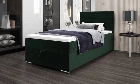 Łóżko kontynentalne Fargo 120x200 butelkowa zieleń w nowoczesnym skandynawskim stylu z tapicerowanym zagłówkiem łóżko z pojemnikiem