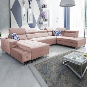 Narożnik z funkcją spania Hampton VI kwarcowy róż lewostronny funkcjonalny narożnik do salonu z ruchomą dostawką oraz półką