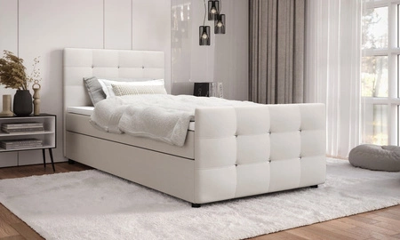 Łóżko kontynentalne Kansas 100x200 beżowe w nowoczesnym skandynawskim stylu z tapicerowanym zagłówkiem oraz zanóżkiem