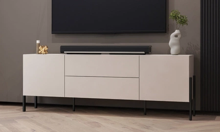 Szafka RTV Jukon 204 cm beżowa elegancka forma szafki z szufladami w nowoczesnym stylu system otwierania push to open metalowe czarne nogi