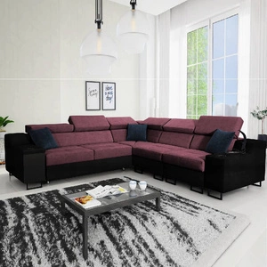 Narożnik z funkcją spania Alcamo III burgundowy / czarny prawostronny funkcjonalny narożnik z szufladą w boczku dwa pojemniki na pościel