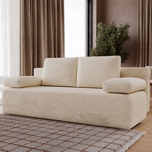 Kanapa rozkładana Zoe beżowa funkcjonalna sofa o prostym minimalistycznym designie pojemnik na pościel sztruksowa tkanina