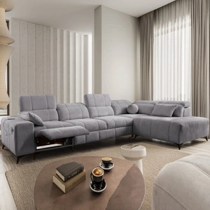 Narożnik z funkcją spania Penejos XI Lux jasny szary prawostronny stylowy narożnik rozkładany z komfortowym wysuwanym podnóżkiem