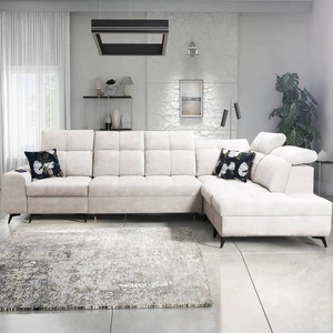 Narożnik z funkcją spania Buffalo XI kremowy prawostronny stylowy narożnik rozkładany z trzema pojemnikami na pościel welurowa tkanina