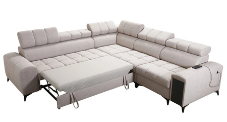 Narożnik z funkcją spania Bolmso III zielony prawostronny narożnik z pojemnikami na pościel szuflada z pełnym wysuwem w boczku mebla