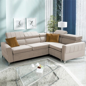 Narożnik z funkcją spania Rava II jasny beż prawostronny velvet komfortowy narożnik z pojemnikiem na pościel wielofunkcyjna lampka