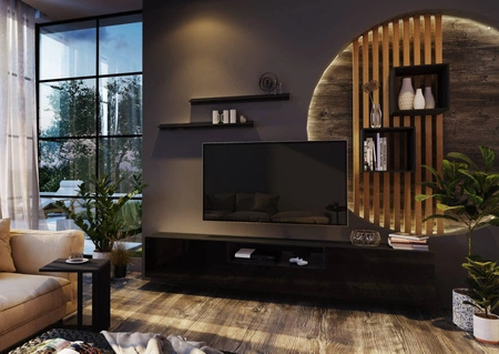 Meblościanka Metoni czarna / czarny połysk uniwersalna i stylowa meblościanka do salonu minimalistyczny design w nowoczesnej aranżacji