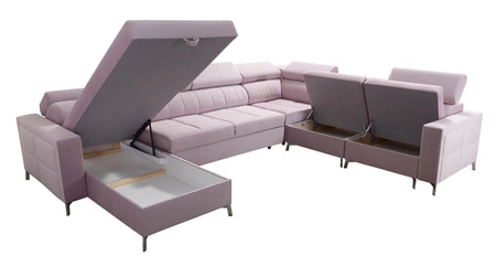 Narożnik z funkcją spania Nausa VII butelkowa zieleń lewostronny elegancki narożnik do salonu wykonany z miękkiej tkaniny typu velvet