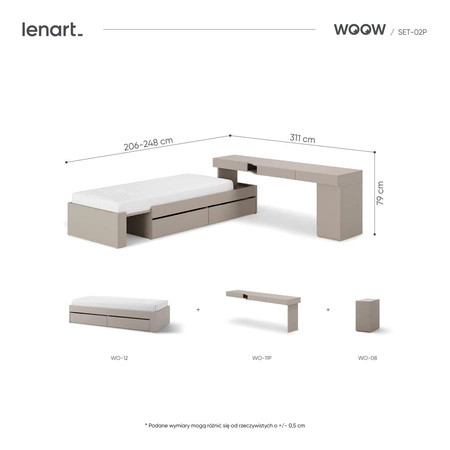 Zestaw mebli Woow clay grey prawy uniwersalny zestaw mebli narożny z możliwością dopasowania do układu wnętrza meble młodzieżowe