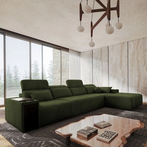 Narożnik z funkcją spania Tesalia XII zielony prawostronny nowoczesny design komfortowe przesuwane oparcie szuflada w boczku mebla