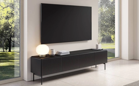 Szafka RTV Muti 195 cm czarna designerska stylistyka szafka pod telewizor osadzona na stabilnej metalowej podstawie ozdobne ryflowania