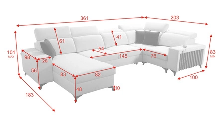 Narożnik z funkcją spania Kelly IV arktyczny błękit lewostronny pleciony komfortowy narożnik regulowane zagłówki bok wykończony lamelami