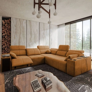 Narożnik z funkcją spania Tesalia III Lux miodowy lewostronny komfortowy narożnik z wysuwanym podnóżkiem funkcja przesuwanego oparcia