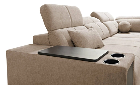 Narożnik z funkcją spania Tesalia VII beżowy prawostronny nowoczesny design komfortowe przesuwane oparcie szuflada w boczku mebla