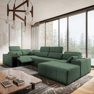 Narożnik z funkcją spania Tesalia IV Lux miętowy prawostronny stylowy narożnik z wysuwanym podnóżkiem oraz funkcją przesuwanego oparcia