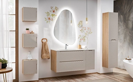 Szafka pod umywalkę Ocean 70 cm dąb olejowany / beżowy designerska szafka z szufladami ryflowania w kształcie fal frezowane uchwyty