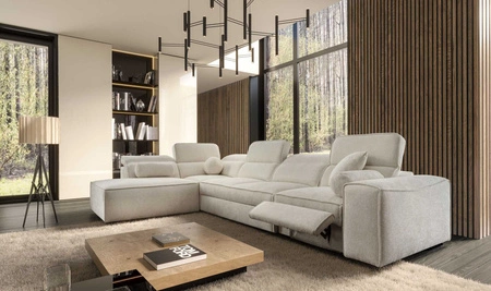 Narożnik z funkcją spania Viano XI Lux kremowy lewostronny designerski narożnik z wysuwanym podnóżkiem i pojemnikiem na pościel