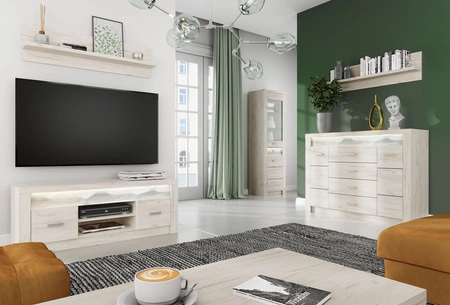 Zestaw mebli do salonu Indiana kraft biały wyszukana stylistyka mebli ozdobna deska na froncie oświetlona LED elementy z bezpiecznego szkła