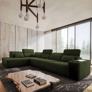 Narożnik z funkcją spania Tesalia XI zielony lewostronny nowoczesny narożnik z komfortowym przesuwanym oparciem i pojemną szufladą