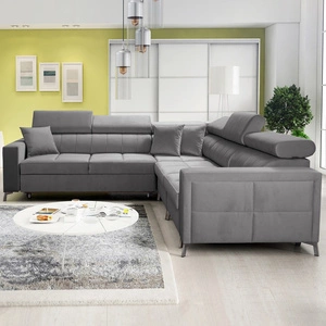 Narożnik z funkcją spania Nausa IV szary prawostronny velvet dekoracyjne przeszycia na siedzisku narożnik z pojemnikami na pościel