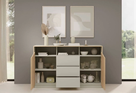 Komoda z szufladami Atson 145 cm szarobeżowy / dąb olejowany stylowa komoda do salonu z pojemnymi szufladami oryginalny kształt frontów