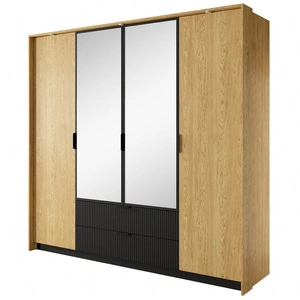 Szafa z lustrem Baltic 223 cm dąb baltic / czarny funkcjonalna szafa do sypialni lub garderoby ryflowane fronty szuflad oświetlenie LED