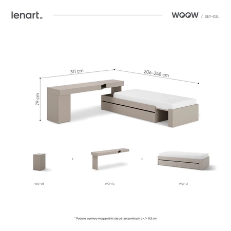 Zestaw mebli Woow clay grey lewy uniwersalny zestaw mebli narożny z możliwością dopasowania do układu wnętrza meble młodzieżowe