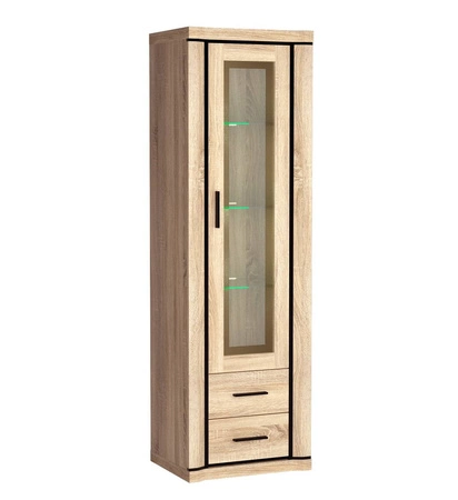 Witryna Dallas 58 cm dąb sonoma / czarny stylowa witryna z szufladami do salonu elementy z bezpiecznego szkła stylowe czarne uchwyty