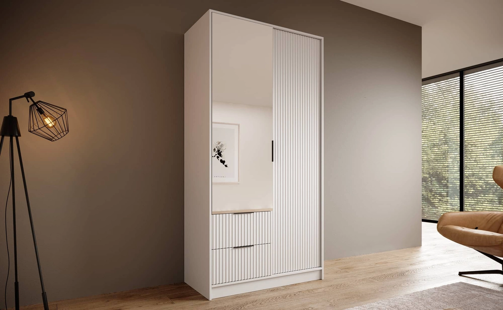 Szafa z lustrem do sypialni Norel Szafa do przedpokoju Szafa z ryflowanymi frontami