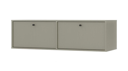Szafka RTV Kioto IV 121 cm eukalipptus elegancka szafka z drzwiami otwieranymi do dołu stonowana kolorystyka czarne metalowe uchwyty
