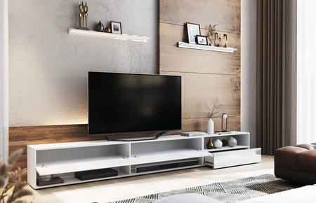 Szafka RTV Lawrio 266 cm biała / biały połysk z możliwością powieszenia i półkami stylowy design wpisujący się w każde wnętrze