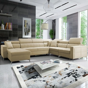 Narożnik z funkcją spania Nausa VII beżowy lewostronny elegancki narożnik do salonu wykonany z miękkiej tkaniny typu velvet