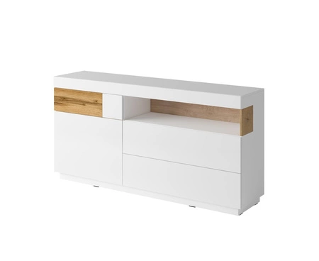 Komoda z szufladami Silke 169 cm biała / biały połysk / dąb wotan funkcjonalna komoda w stylu nowoczesnym system push to open