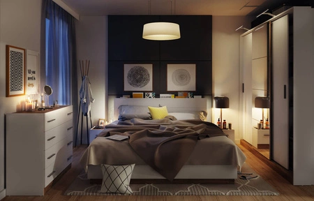 Zestaw mebli do sypialni Dentro biały / dąb stirling stylowy design komplet mebli do sypialni z szafą zagłówek łóżka z oświetleniem