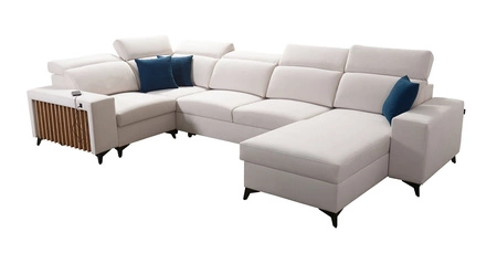 Narożnik z funkcją spania Kelly IV kość słoniowa prawostronny velvet komfortowy narożnik regulowane zagłówki bok wykończony lamelami