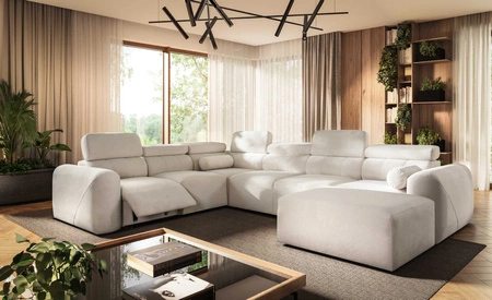 Narożnik z funkcją spania Cantare VIII Lux kremowy prawostronny designerski narożnik z elektrycznie podnoszonym podnóżkiem