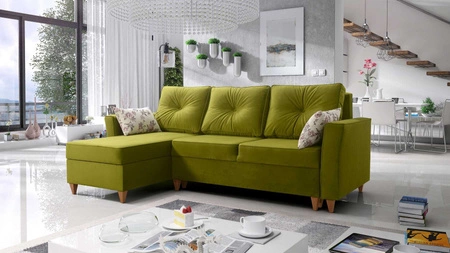 Narożnik z funkcją spania Topeka zielona oliwka lewostronny stylowy i nowoczesny design wpisujący się w każdą aranżację