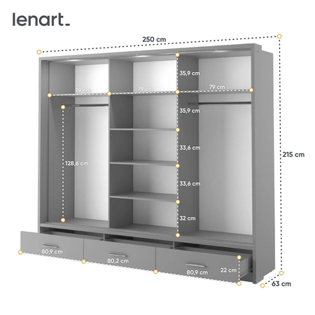 Szafa przesuwna z lustrem Arti 250 cm szara funkcjonalna szafa do przedpokoju z szufladami duże lustra podkreśla oświetlenie LED